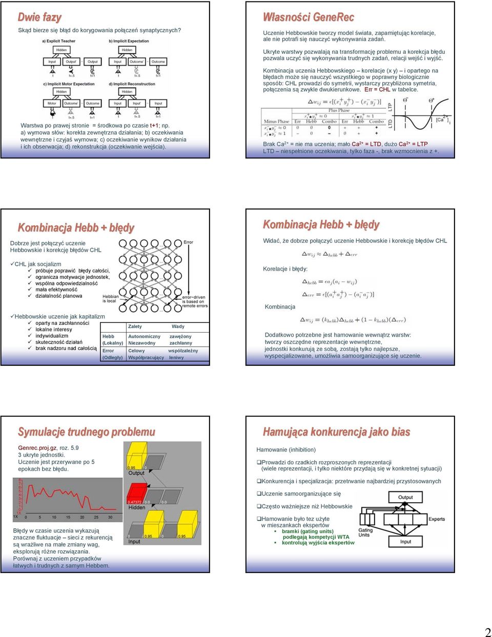 Kombinacja uczenia Hebbowskiego korelacje (x y) i opartego na błędach może się nauczyć wszystkiego w poprawny biologicznie sposób: CHL prowadzi do symetrii, wystarczy przybliżona symetria, połączenia
