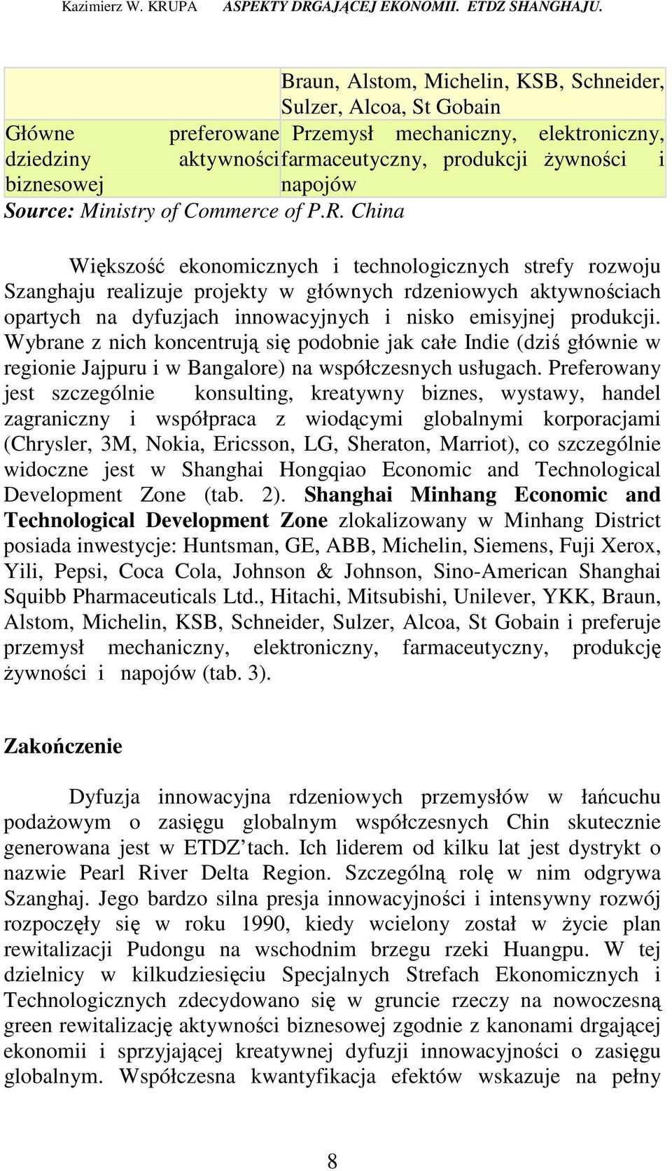 China Większość ekonomicznych i technologicznych strefy rozwoju Szanghaju realizuje projekty w głównych rdzeniowych aktywnościach opartych na dyfuzjach innowacyjnych i nisko emisyjnej produkcji.