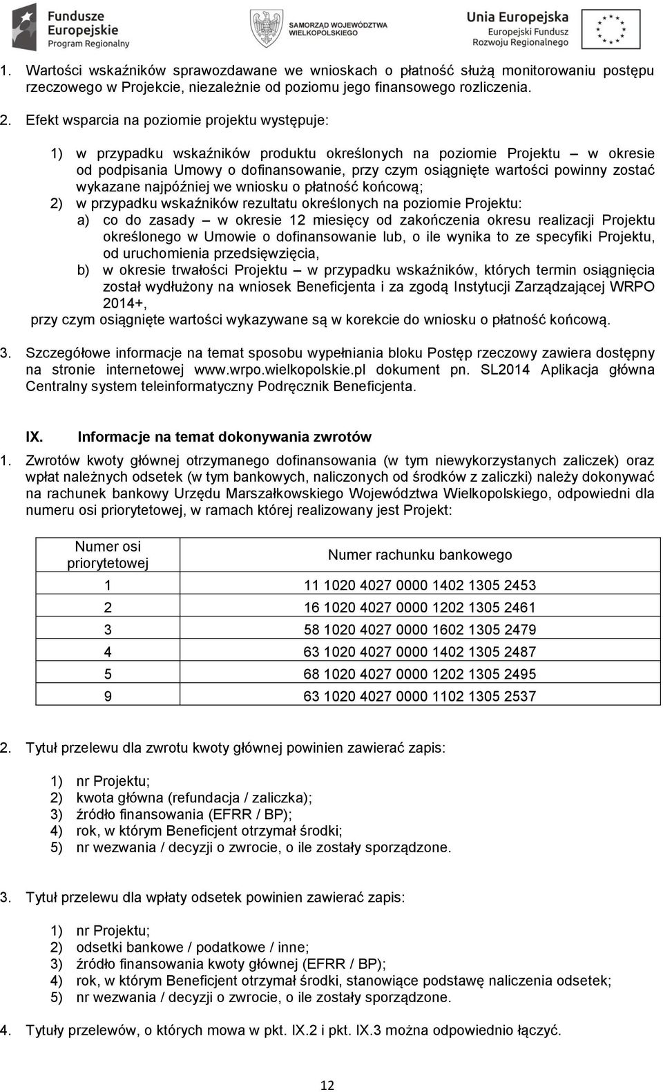 powinny zostać wykazane najpóźniej we wniosku o płatność końcową; 2) w przypadku wskaźników rezultatu określonych na poziomie Projektu: a) co do zasady w okresie 12 miesięcy od zakończenia okresu