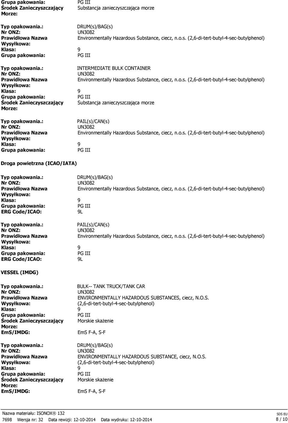 : DRUM(s)/BAG(s) ERG Code/ICAO: 9L Typ opakowania.: PAIL(s)/CAN(s) ERG Code/ICAO: 9L VESS