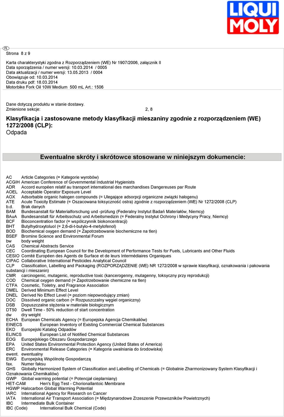 dokumencie: AC Article Categories (= Kategorie wyrobów) ACGIH American Conference of Governmental Industrial Hygienists ADR Accord européen relatif au transport international des marchandises