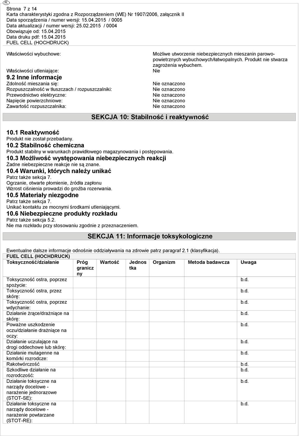 niebezpiecznych mieszanin parowopowietrznych wybuchowych/łatwopalnych. Produkt nie stwarza zagrożenia wybuchem. Nie SEKCJA 10: Stabilność i reaktywność 10.1 Reaktywność Produkt nie został przebadany.