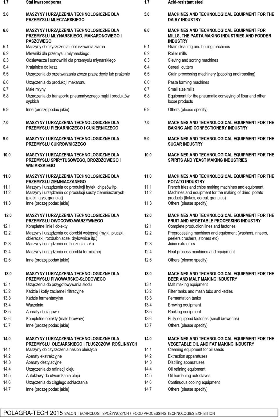 1 Maszyny do czyszczenia i obłuskiwania ziarna 6.1 Grain cleaning and hulling machines 6.2 Mlewniki dla przemysłu młynarskiego 6.2 Roller mills 6.