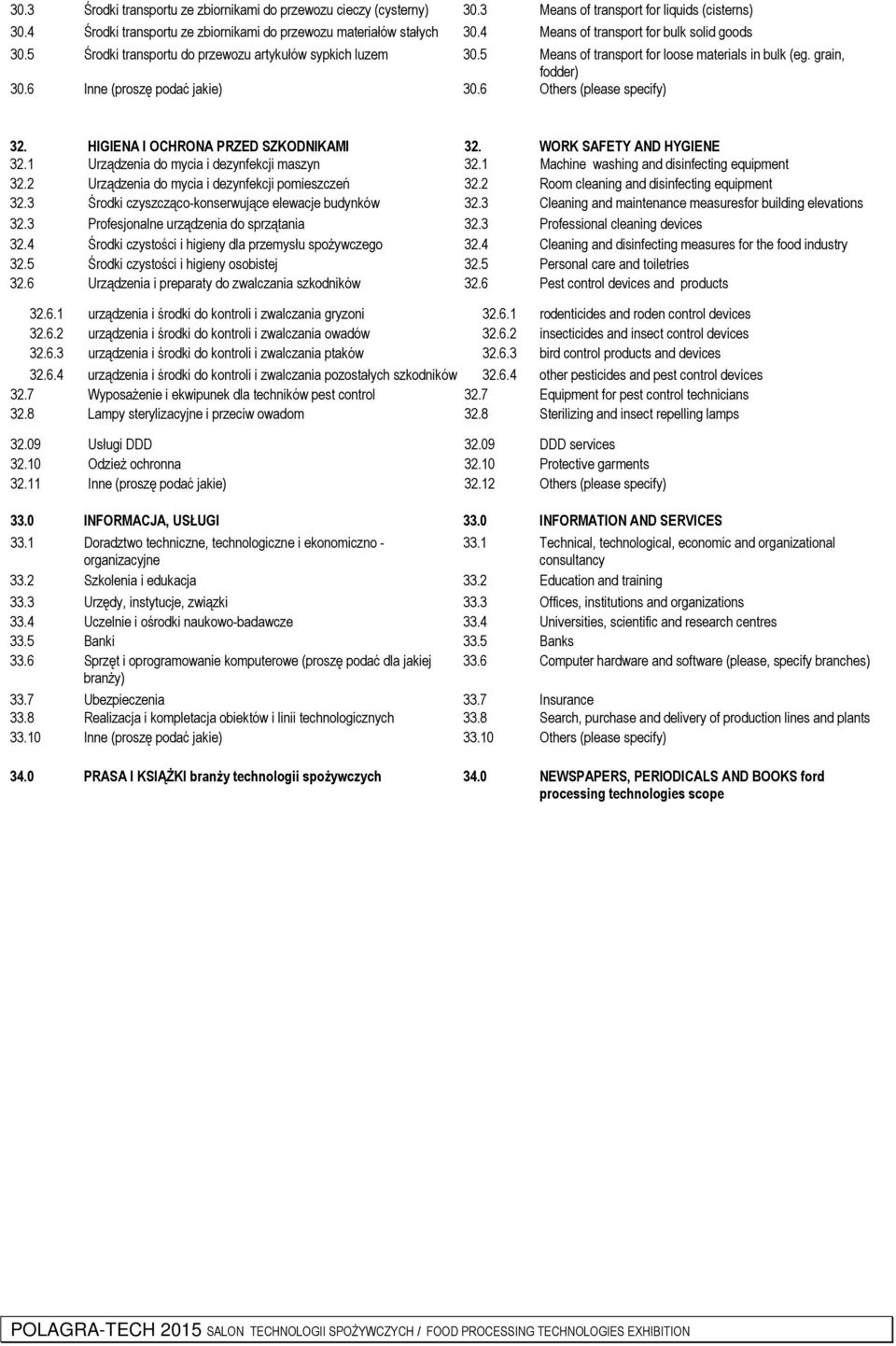 6 Inne (proszę podać jakie) 30.6 Others (please specify) 32. HIGIENA I OCHRONA PRZED SZKODNIKAMI 32. WORK SAFETY AND HYGIENE 32.1 Urządzenia do mycia i dezynfekcji maszyn 32.