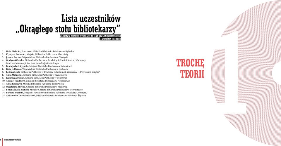 Grażyna Górecka, Biblioteka Publiczna w Dzielnicy Śródmieście m.st. Warszawy, Centrum Informacji im. Jana Nowaka-Jeziorańskiego 5. Beata Jadach-Zygadło, Miejska Biblioteka Publiczna w Katowicach 6.