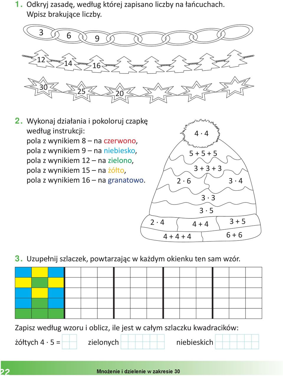 na zielono, pola z wynikiem 15 na żółto, pola z wynikiem 16 na granatowo. 5+5+5 ++ 6 5 + +5 ++ 6+6.