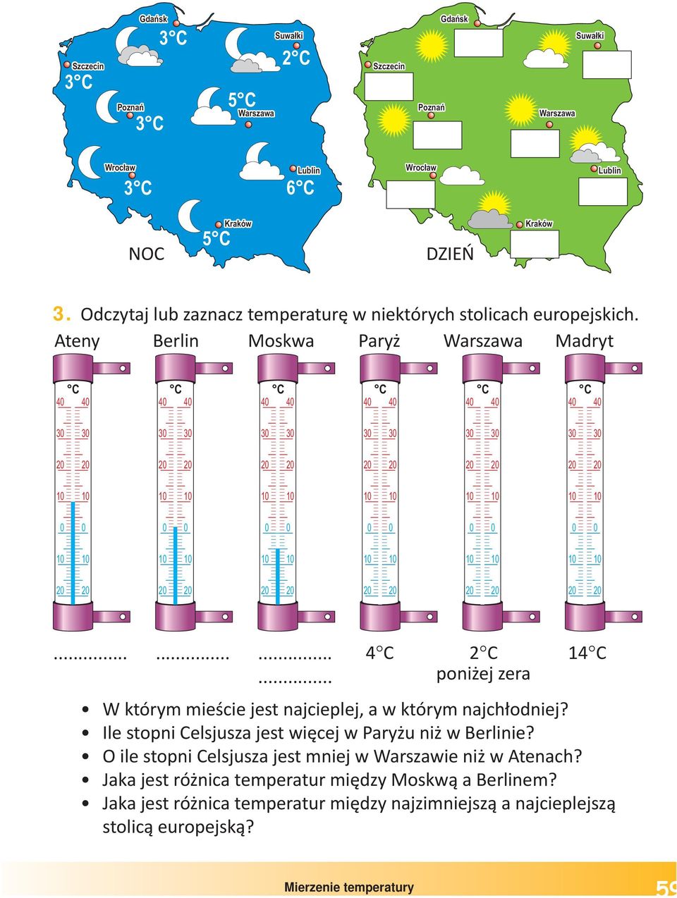 ........... C C poniżejzera 1 C W którym mieście jest najcieplej, a w którym najchłodniej? Ile stopni Celsjusza jest więcej w Paryżu niż w Berlinie?