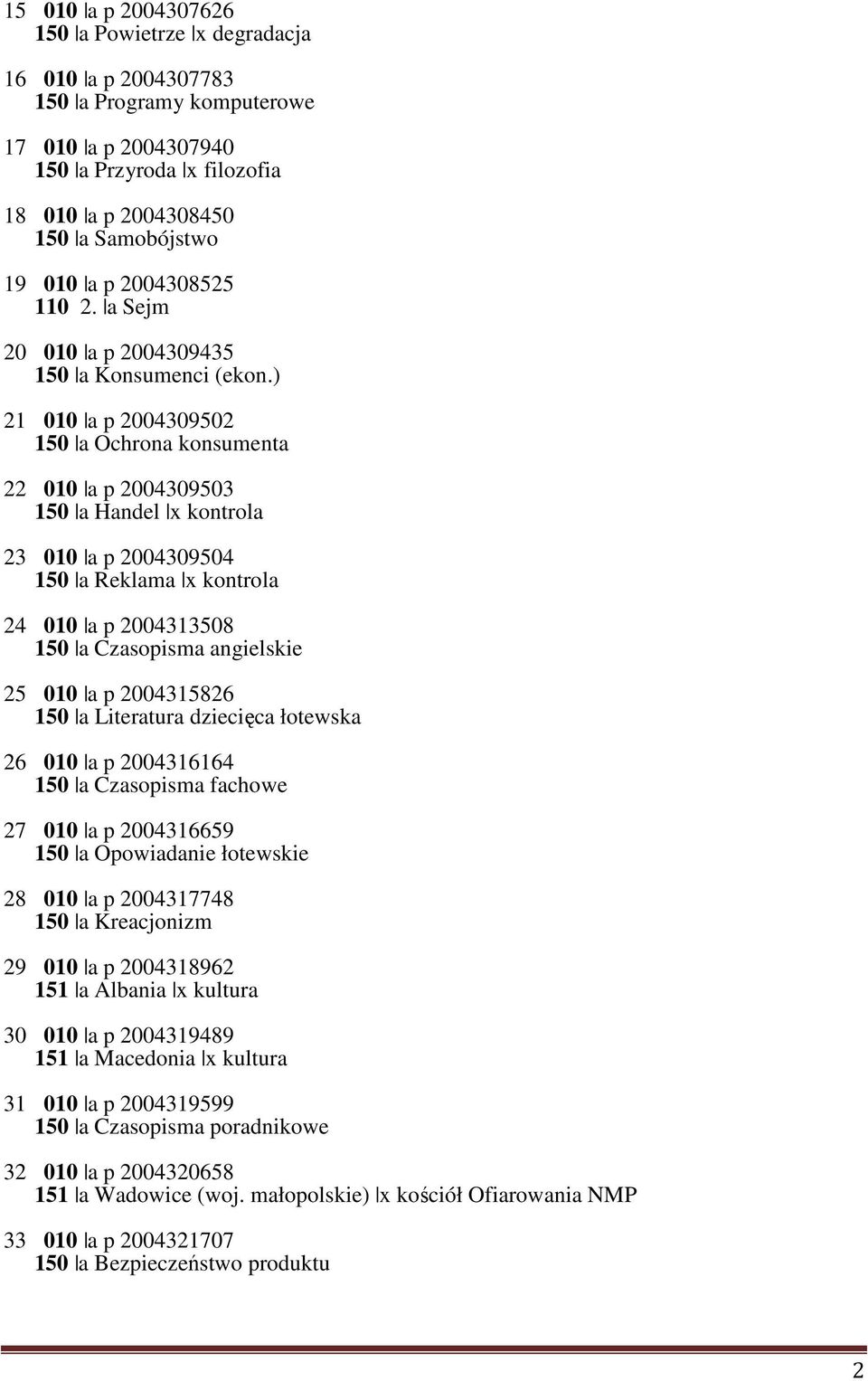) 21 010 a p 2004309502 150 a Ochrona konsumenta 22 010 a p 2004309503 150 a Handel x kontrola 23 010 a p 2004309504 150 a Reklama x kontrola 24 010 a p 2004313508 150 a Czasopisma angielskie 25 010