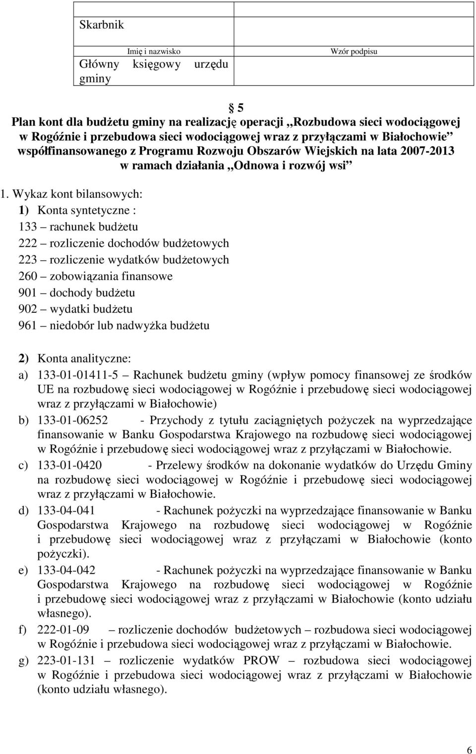 Wykaz kont bilansowych: 1) Konta syntetyczne : 133 rachunek budŝetu 222 rozliczenie dochodów budŝetowych 223 rozliczenie wydatków budŝetowych 260 zobowiązania finansowe 901 dochody budŝetu 902