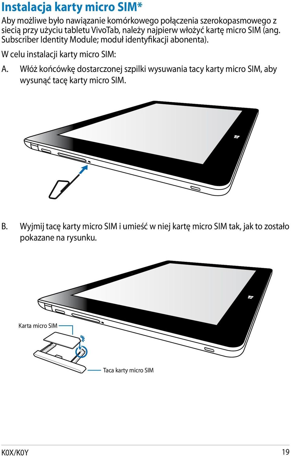 W celu instalacji karty micro SIM: A.