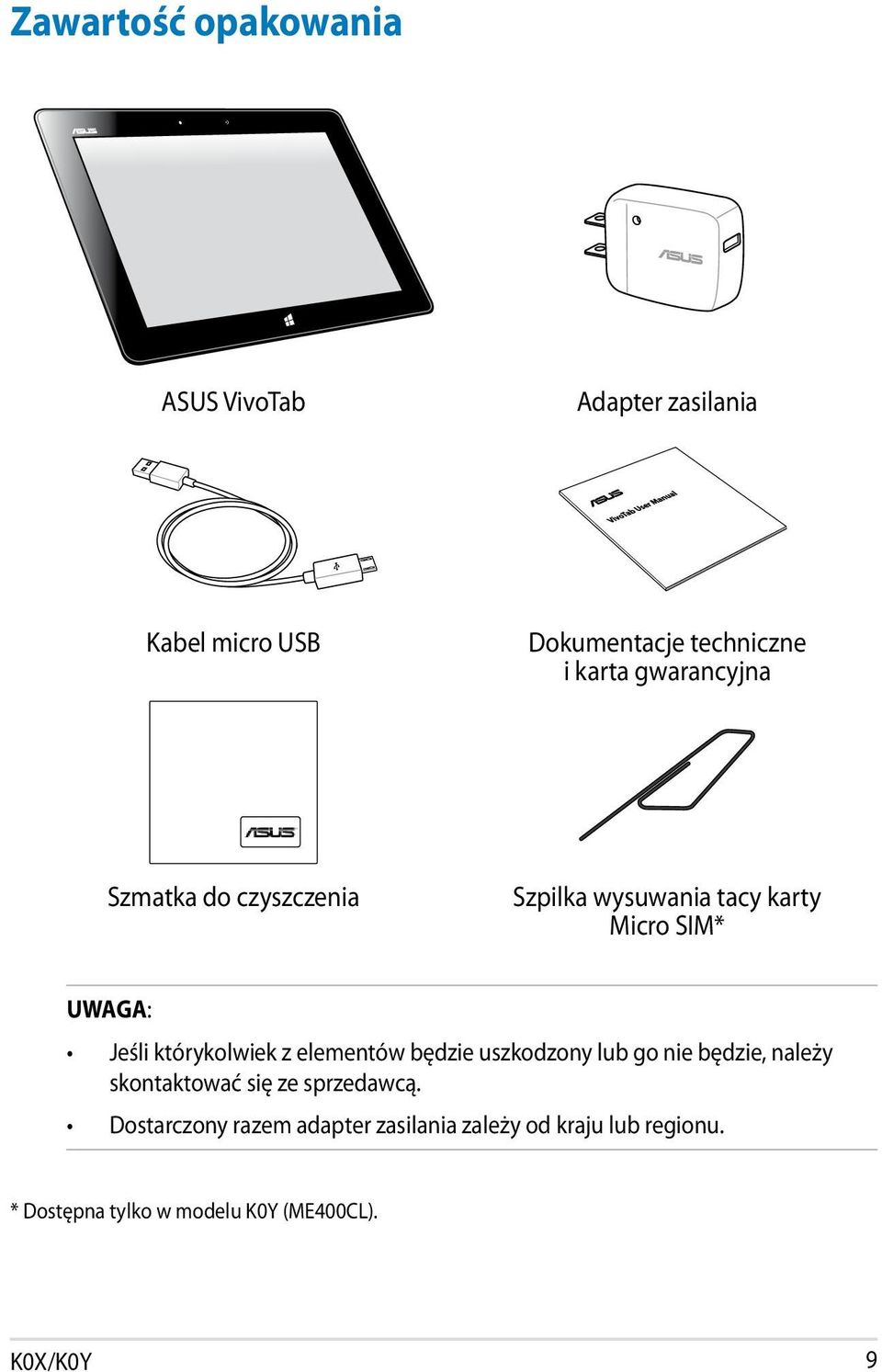 z elementów będzie uszkodzony lub go nie będzie, należy skontaktować się ze sprzedawcą.