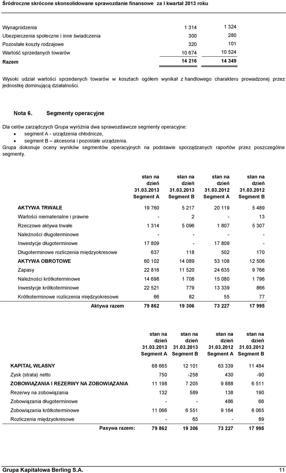 Nota 6. Segmenty operacyjne Dla celów zarządczych Grupa wyróżnia dwa sprawozdawcze segmenty operacyjne: segment A - urządzenia chłodnicze, segment B akcesoria i pozostałe urządzenia.