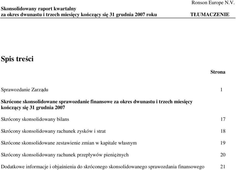 skonsolidowany rachunek zysków i strat 18 Skrócone skonsolidowane zestawienie zmian w kapitale własnym 19 Skrócony