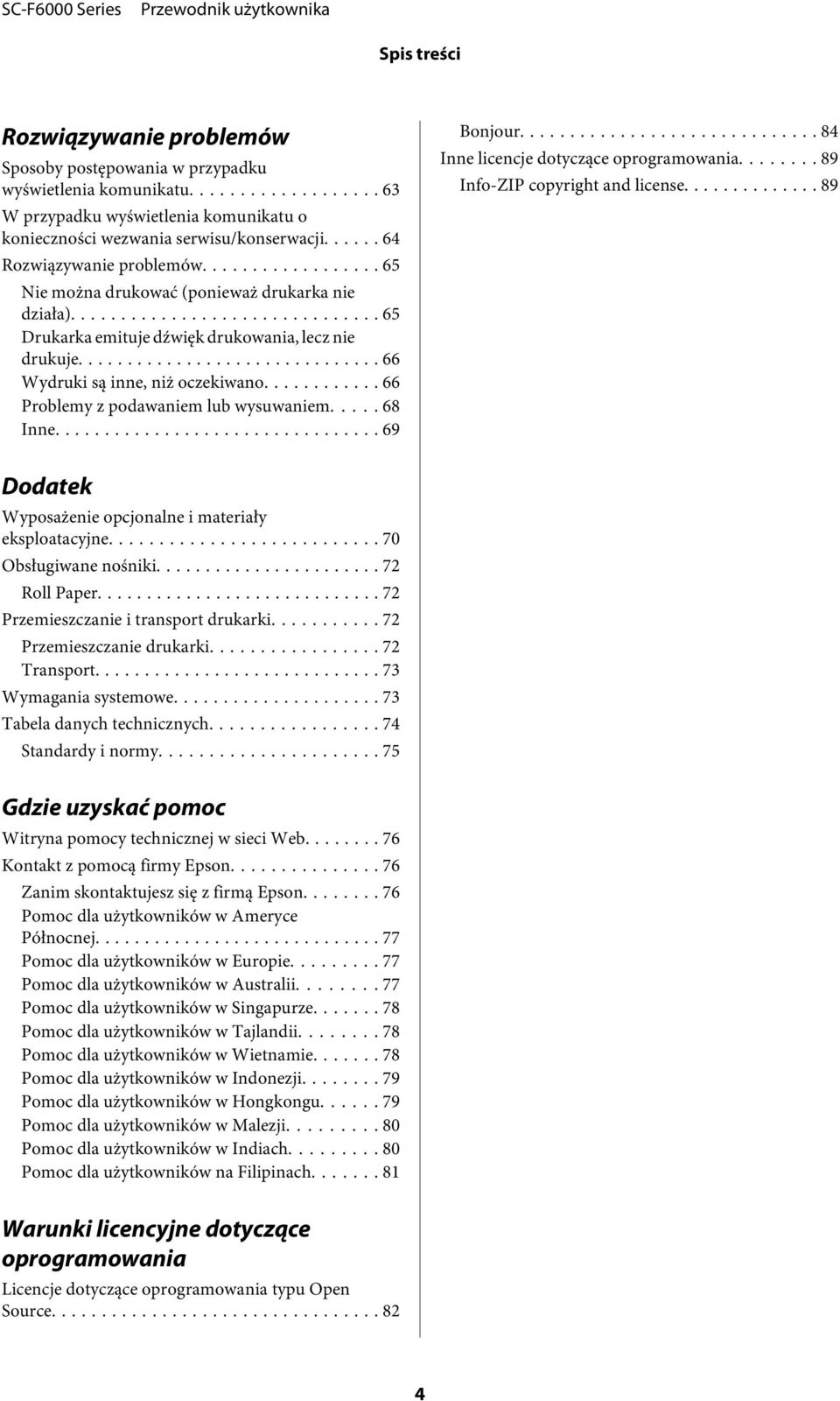 .. 66 Problemy z podawaniem lub wysuwaniem..... 68 Inne.... 69 Bonjour... 84 Inne licencje dotyczące oprogramowania... 89 Info-ZIP copyright and license.