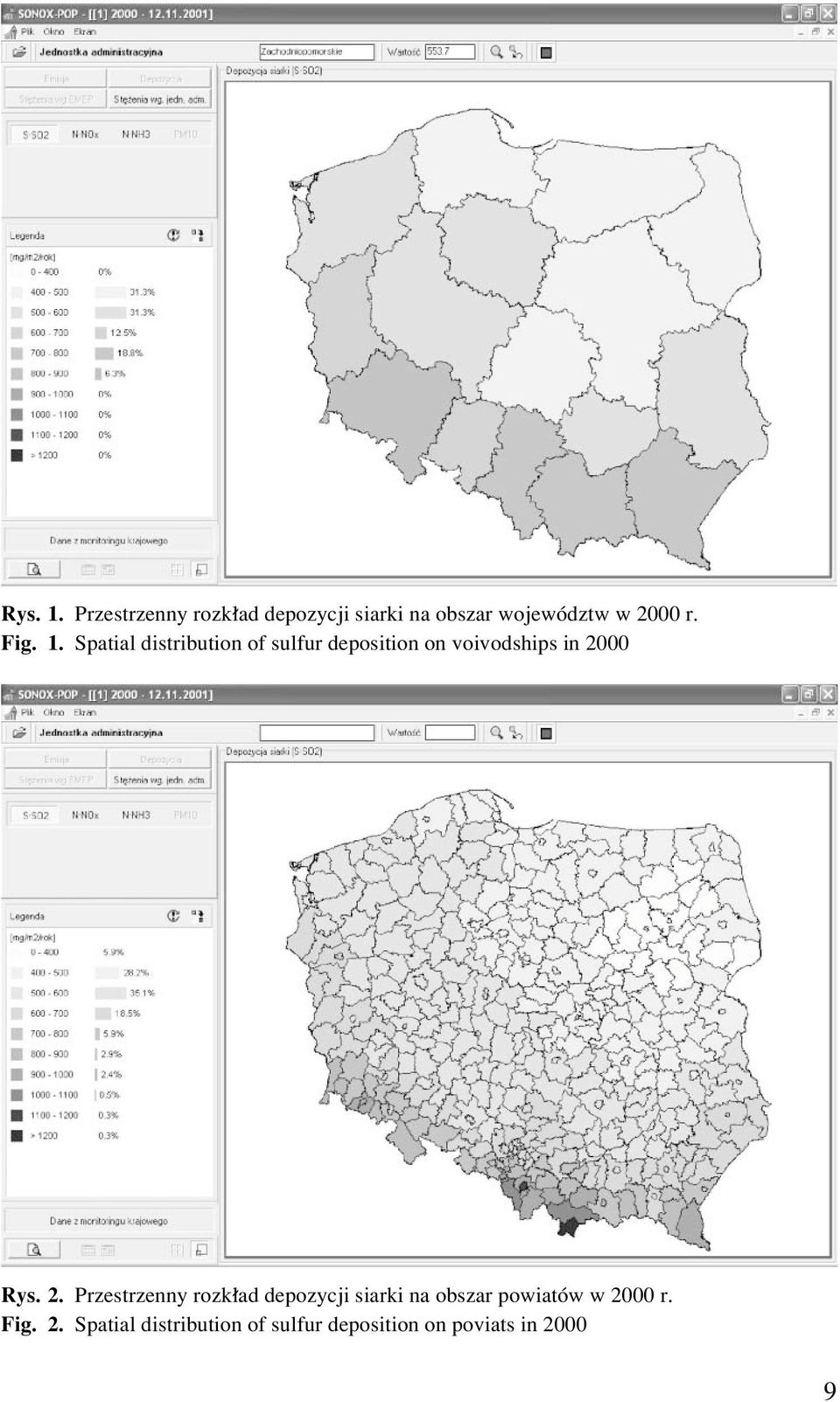 Spatial distribution of sulfur deposition on voivodships in 20