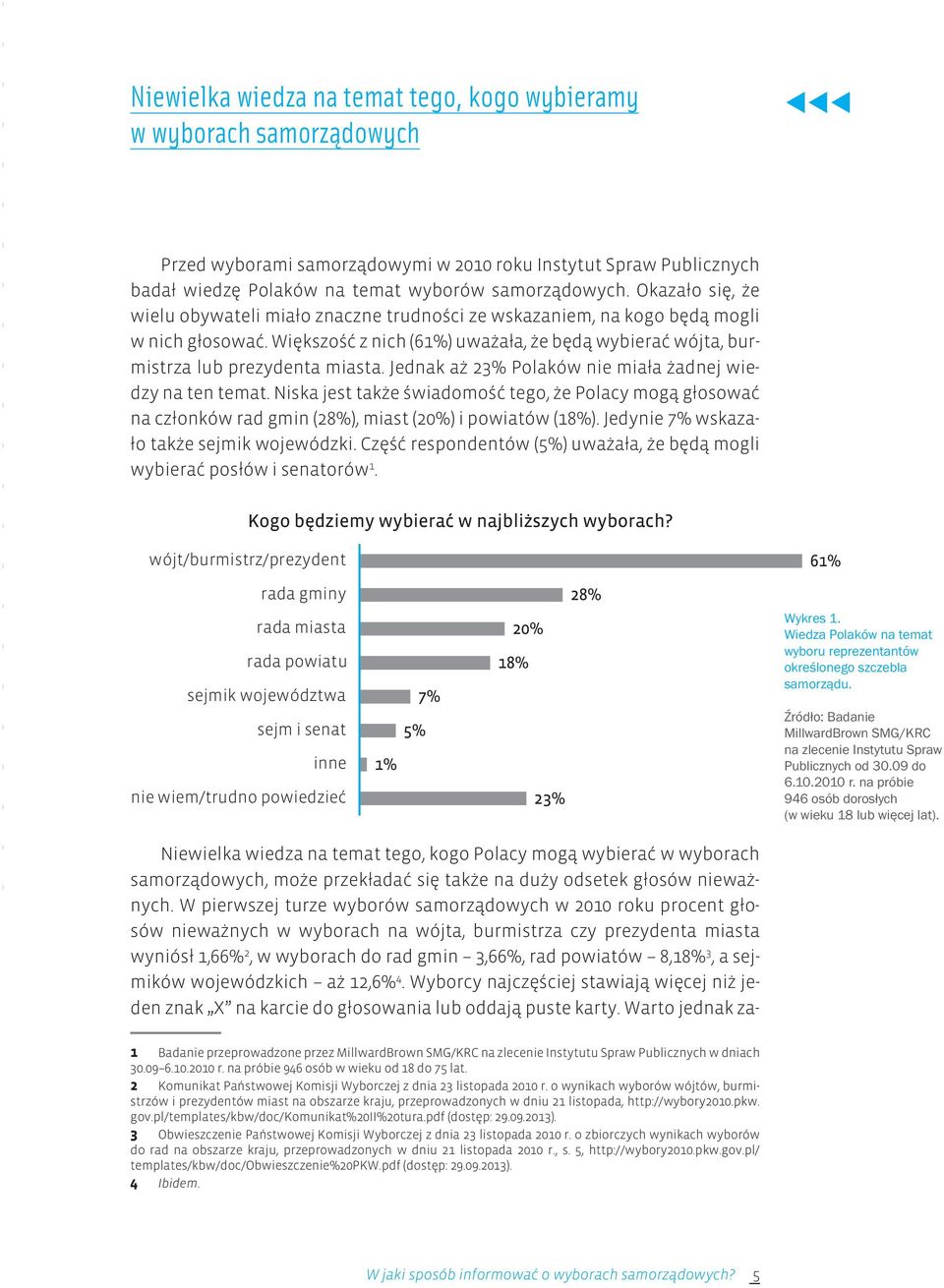 Jednak aż 23% Polaków nie miała żadnej wiedzy na ten temat. Niska jest także świadomość tego, że Polacy mogą głosować na członków rad gmin (28%), miast (20%) i powiatów (18%).