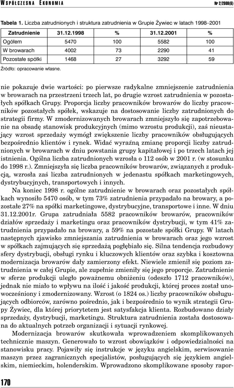 nie pokazuje dwie wartoúci: po pierwsze radykalne zmniejszenie zatrudnienia w browarach na przestrzeni trzech lat, po drugie wzrost zatrudnienia w pozosta- ych spû kach Grupy.