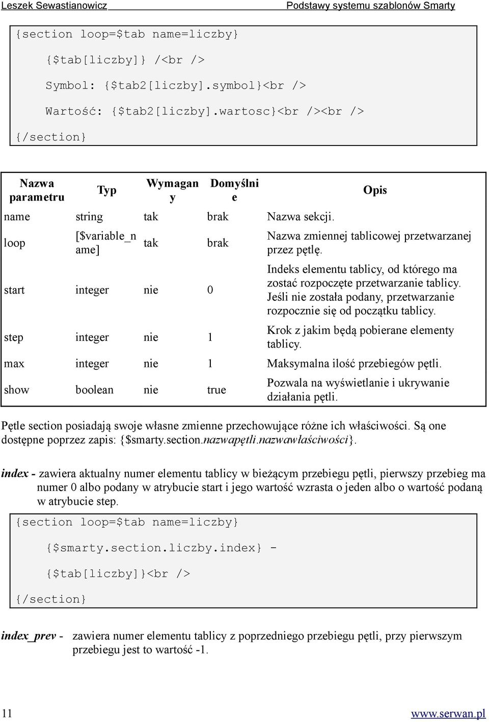 loop [$variable_n ame] tak start integer nie 0 step integer nie 1 brak Opis Nazwa zmiennej tablicowej przetwarzanej przez pętlę.