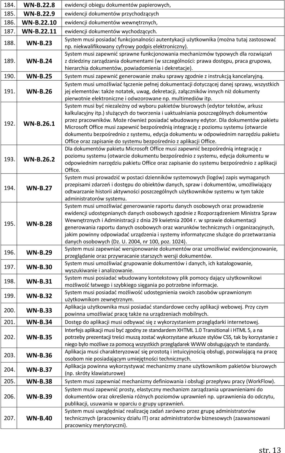 System musi zapewnić sprawne funkcjonowania mechanizmów typowych dla rozwiązań z dziedziny zarządzania dokumentami (w szczególności: prawa dostępu, praca grupowa, hierarchia dokumentów, powiadomienia