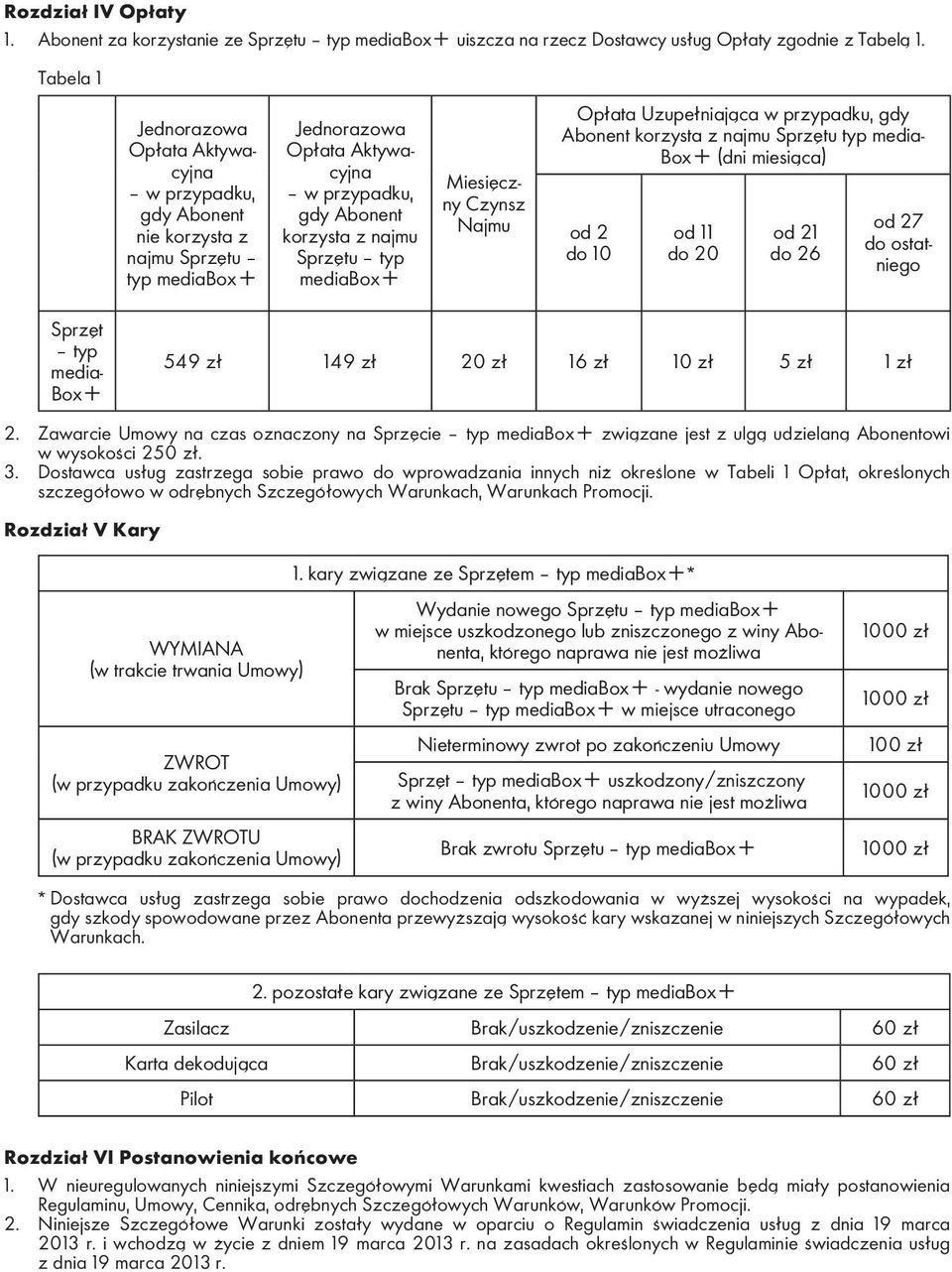 mediabox+ Miesięczny Czynsz Najmu Opłata Uzupełniająca w przypadku, gdy Abonent korzysta z najmu Sprzętu typ media- Box+ (dni miesiąca) od 2 do 10 od 11 do 20 od 21 do 26 od 27 do ostatniego Sprzęt