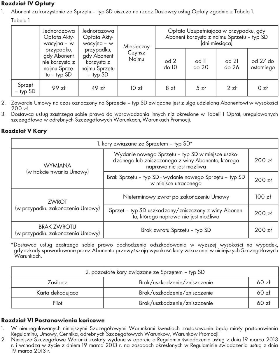 Czynsz Najmu Opłata Uzupełniająca w przypadku, gdy Abonent korzysta z najmu Sprzętu typ SD (dni miesiąca) od 2 do 10 od 11 do 20 od 21 do 26 od 27 do ostatniego Sprzęt typ SD 99 zł 49 zł 10 zł 8 zł 5