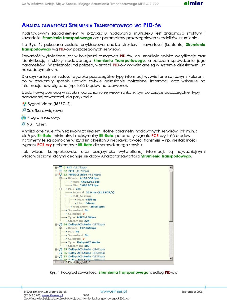 Zawartość wyświetlana jest w kolejności rosnących PID-ów, co umożliwia szybką weryfikację oraz identyfikację struktury nadawanego Strumienia Transportowego, a zarazem sprawdzenie jego parametrów.