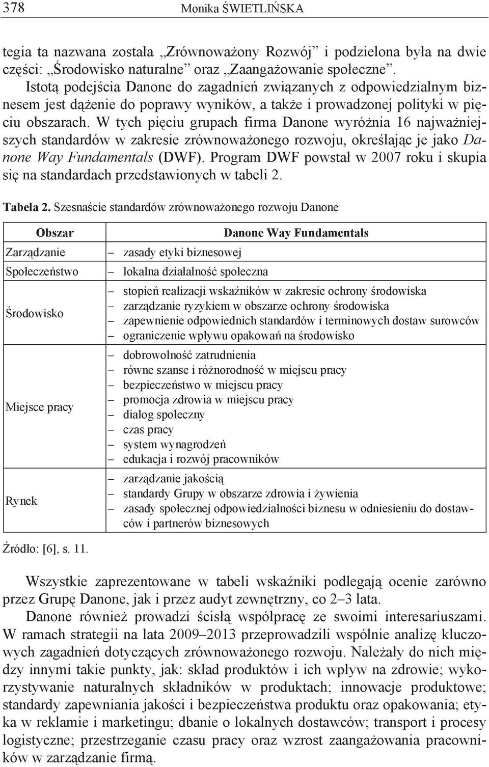 W tych pi ciu grupach firma Danone wyró nia 16 najwa niejszych standardów w zakresie zrównowa onego rozwoju, okre laj c je jako Danone Way Fundamentals (DWF).