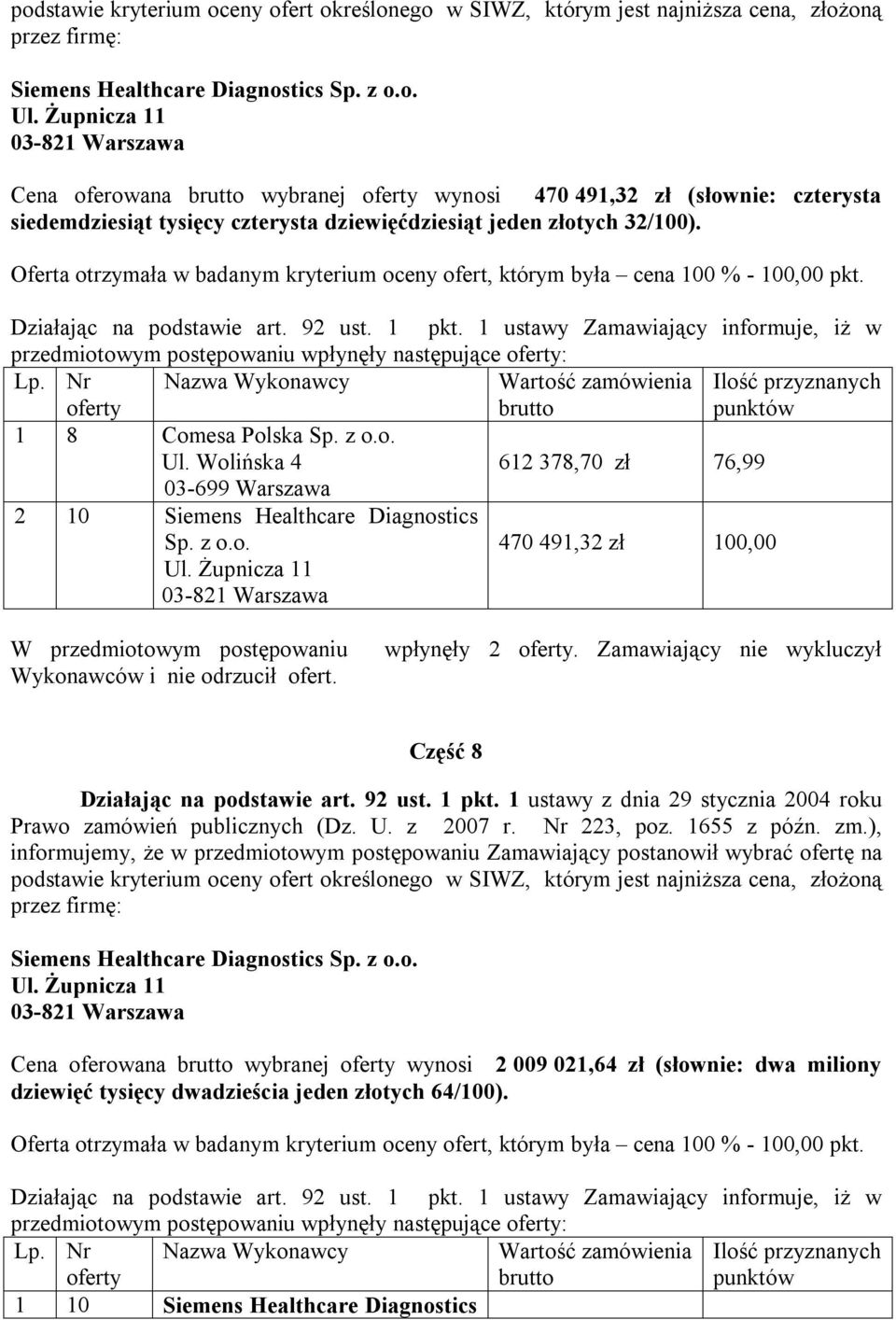 Wolińska 4 612 378,70 zł 76,99 03-699 Warszawa 2 10 Siemens Healthcare Diagnostics 470 491,32 zł 100,00