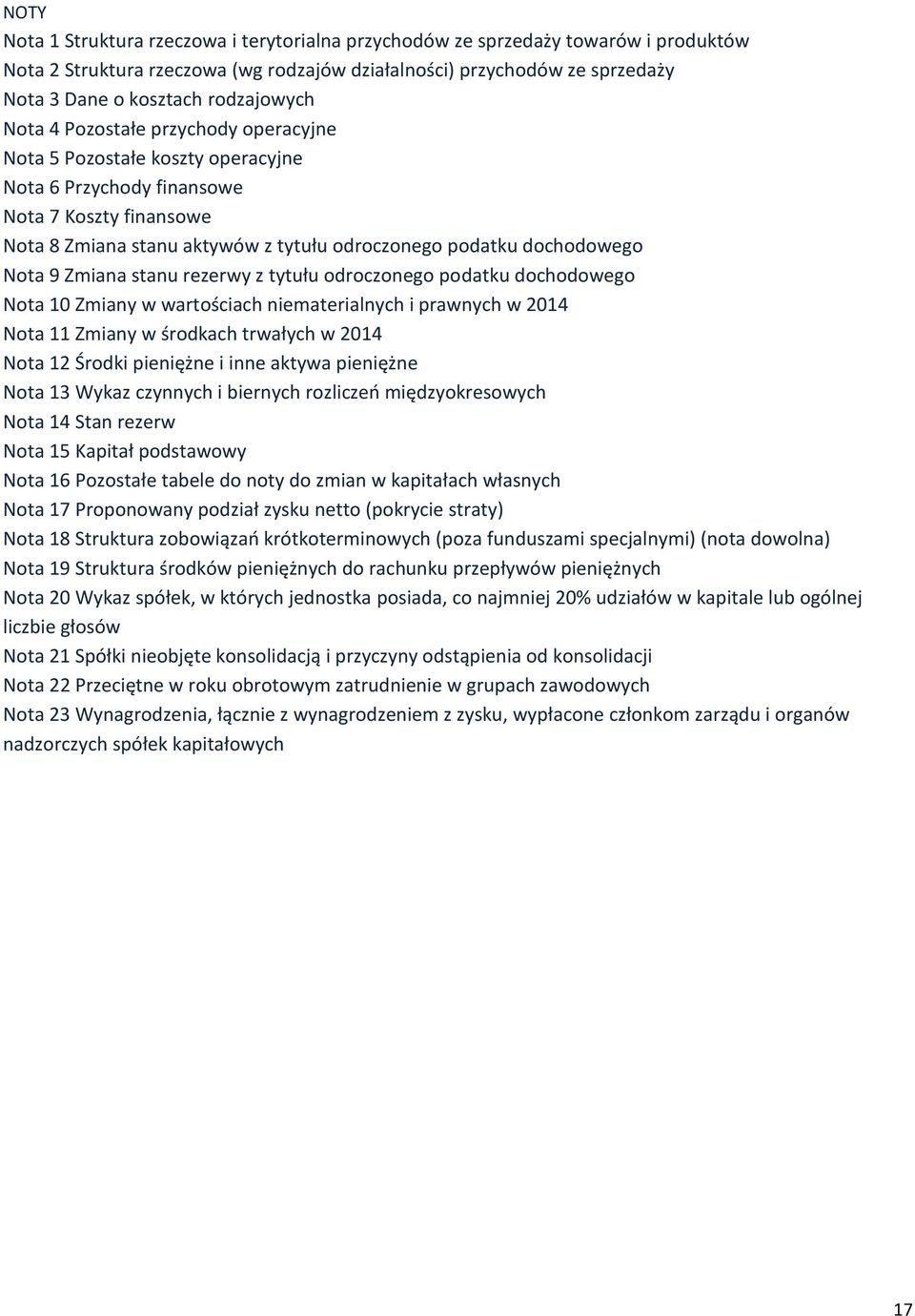 dochodowego Nota 9 Zmiana stanu rezerwy z tytułu odroczonego podatku dochodowego Nota 10 Zmiany w wartościach niematerialnych i prawnych w 2014 Nota 11 Zmiany w środkach trwałych w 2014 Nota 12