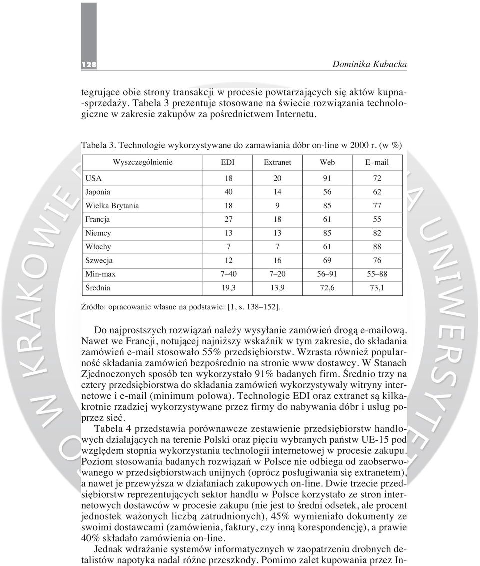 (w %) Wyszczególnienie EDI Extranet Web E mail USA 18 20 91 72 Japonia 40 14 56 62 Wielka Brytania 18 9 85 77 Francja 27 18 61 55 Niemcy 13 13 85 82 W ochy 7 7 61 88 Szwecja 12 16 69 76 Min-max 7 40