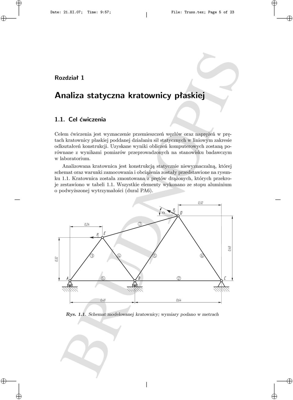 Analiza statyczna kratownicy płaskiej 1.