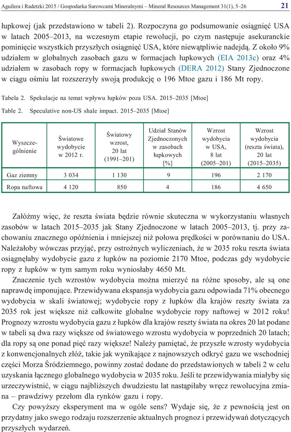 Z oko³o 9% udzia³em w globalnych zasobach gazu w formacjach ³upkowych (EIA 2013c) oraz 4% udzia³em w zasobach ropy w formacjach ³upkowych (DERA 2012) Stany Zjednoczone w ci¹gu oœmiu lat rozszerzy³y