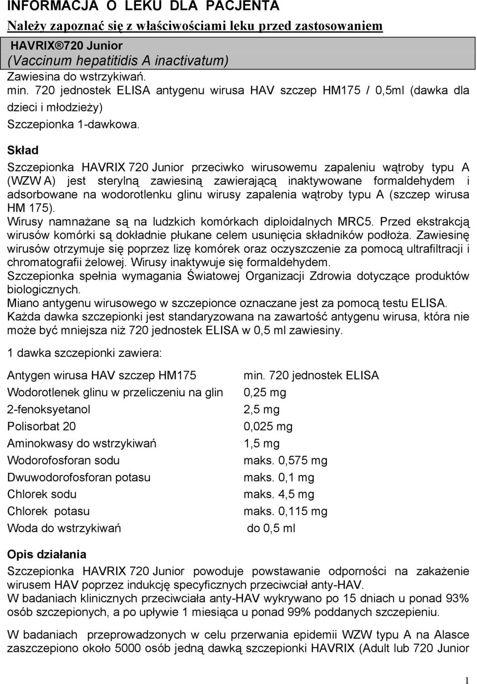 Skład Szczepionka HAVRIX 720 Junior przeciwko wirusowemu zapaleniu wątroby typu A (WZW A) jest sterylną zawiesiną zawierającą inaktywowane formaldehydem i adsorbowane na wodorotlenku glinu wirusy