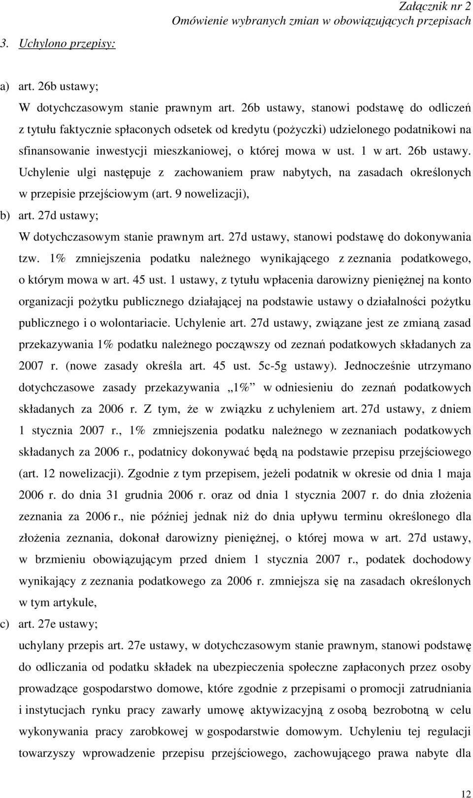 26b ustawy. Uchylenie ulgi następuje z zachowaniem praw nabytych, na zasadach określonych w przepisie przejściowym (art. 9 nowelizacji), b) art. 27d ustawy; W dotychczasowym stanie prawnym art.