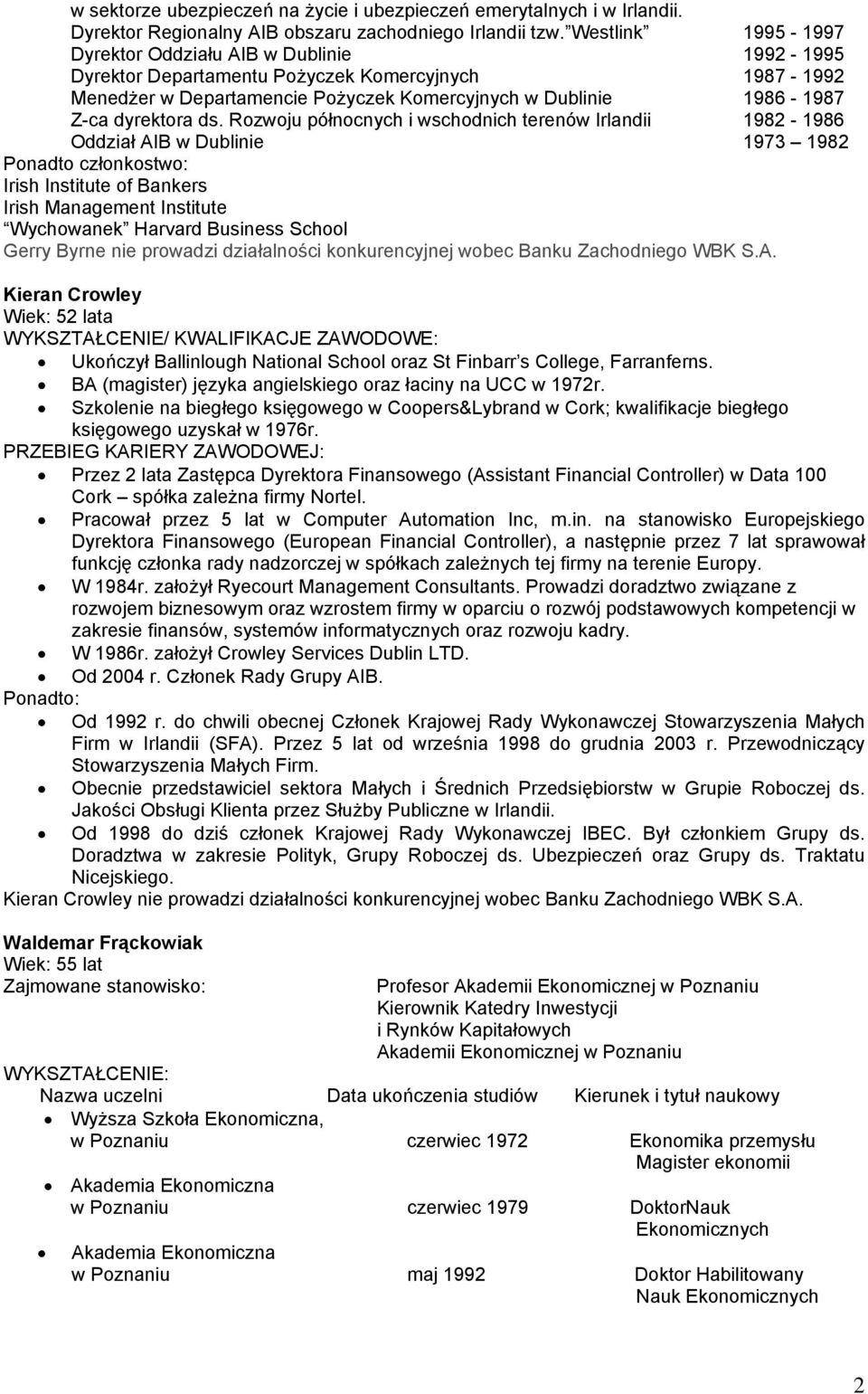 ds. Rozwoju północnych i wschodnich terenów Irlandii 1982-1986 Oddział AIB w Dublinie 1973 1982 Ponadto członkostwo: Irish Institute of Bankers Irish Management Institute Wychowanek Harvard Business