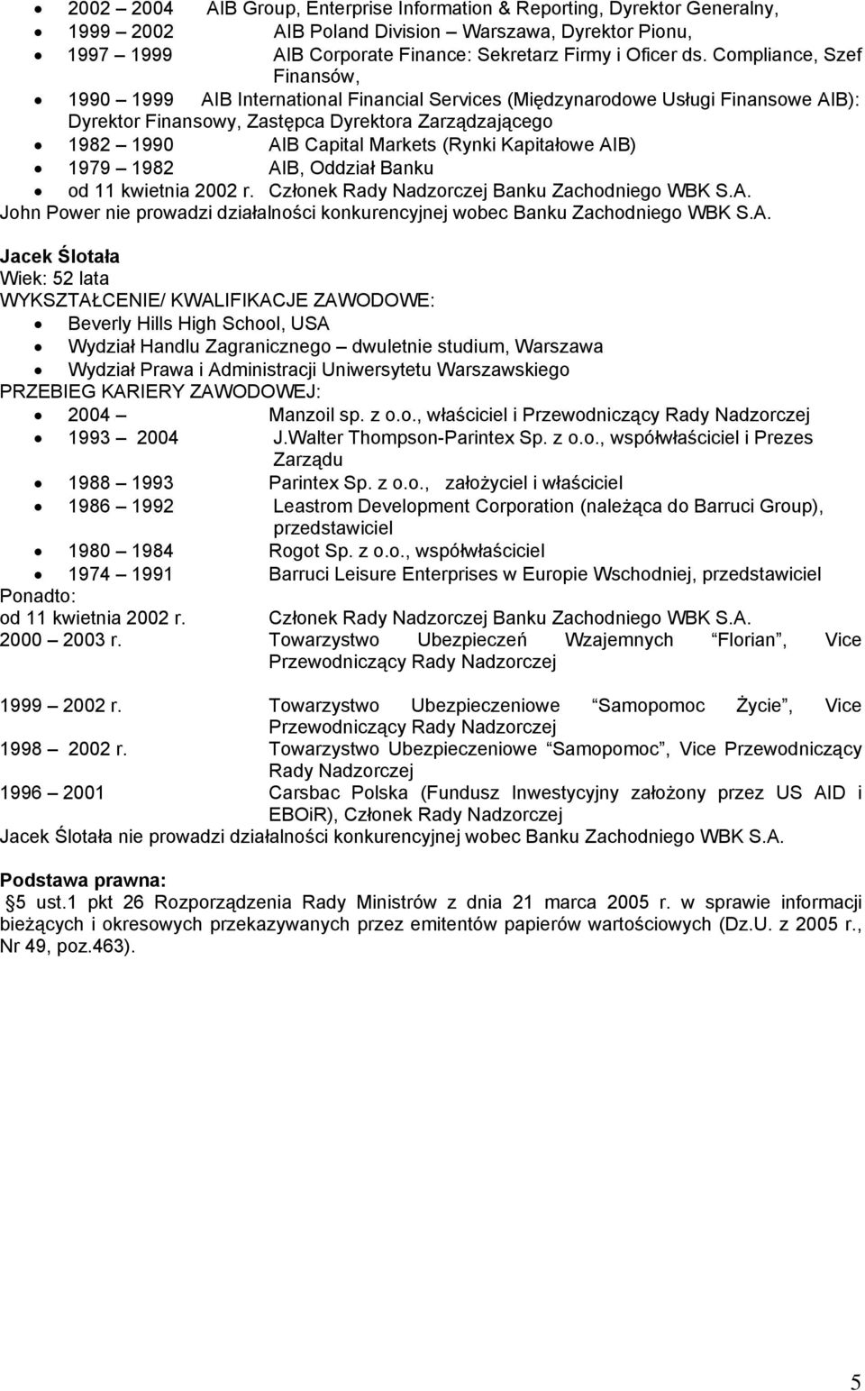 (Rynki Kapitałowe AIB) 1979 1982 AIB, Oddział Banku od 11 kwietnia 2002 r. Członek Rady Nadzorczej Banku Zachodniego WBK S.A. John Power nie prowadzi działalności konkurencyjnej wobec Banku Zachodniego WBK S.