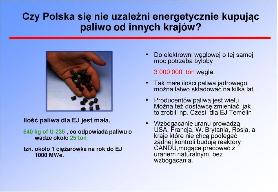 Do elektrowni węglowej o tej samej moc potrzeba byłoby 3 000 000 ton węgla. Tak małe ilości paliwa jądrowego można łatwo składować na kilka lat.