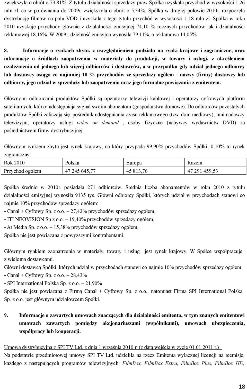 Spółka w roku 2010 uzyskuje przychody głównie z działalności emisyjnej 74,10 % rocznych przychodów jak i działalności reklamowej 18,16%. W 2009r.