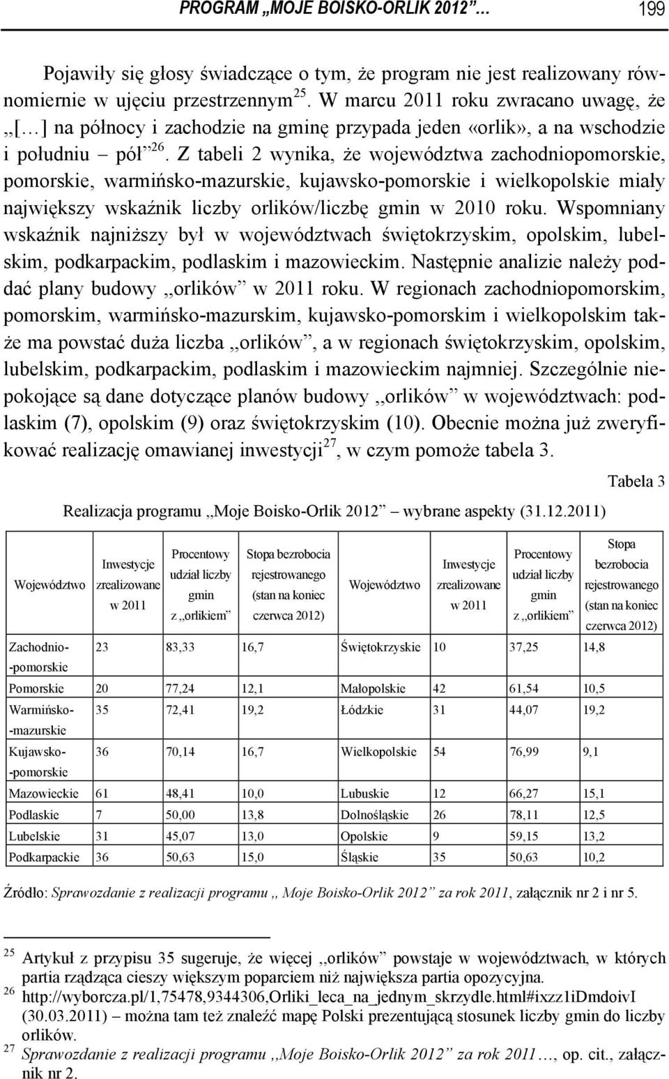 Z tabeli 2 wynika, że województwa zachodniopomorskie, pomorskie, warmińsko-mazurskie, kujawsko-pomorskie i wielkopolskie miały największy wskaźnik liczby orlików/liczbę gmin w 2010 roku.