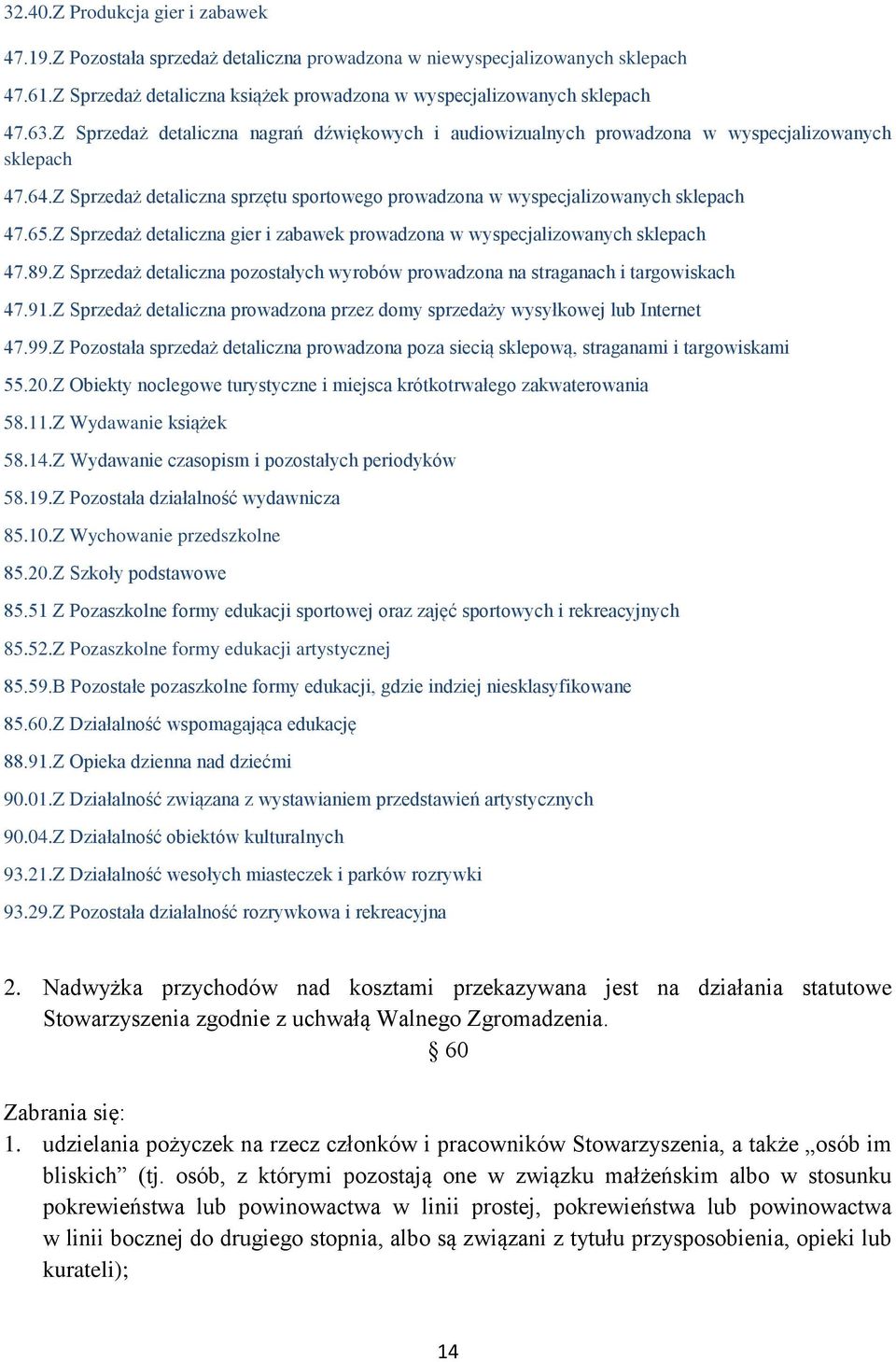 Z Sprzedaż detaliczna gier i zabawek prowadzona w wyspecjalizowanych sklepach 47.89.Z Sprzedaż detaliczna pozostałych wyrobów prowadzona na straganach i targowiskach 47.91.