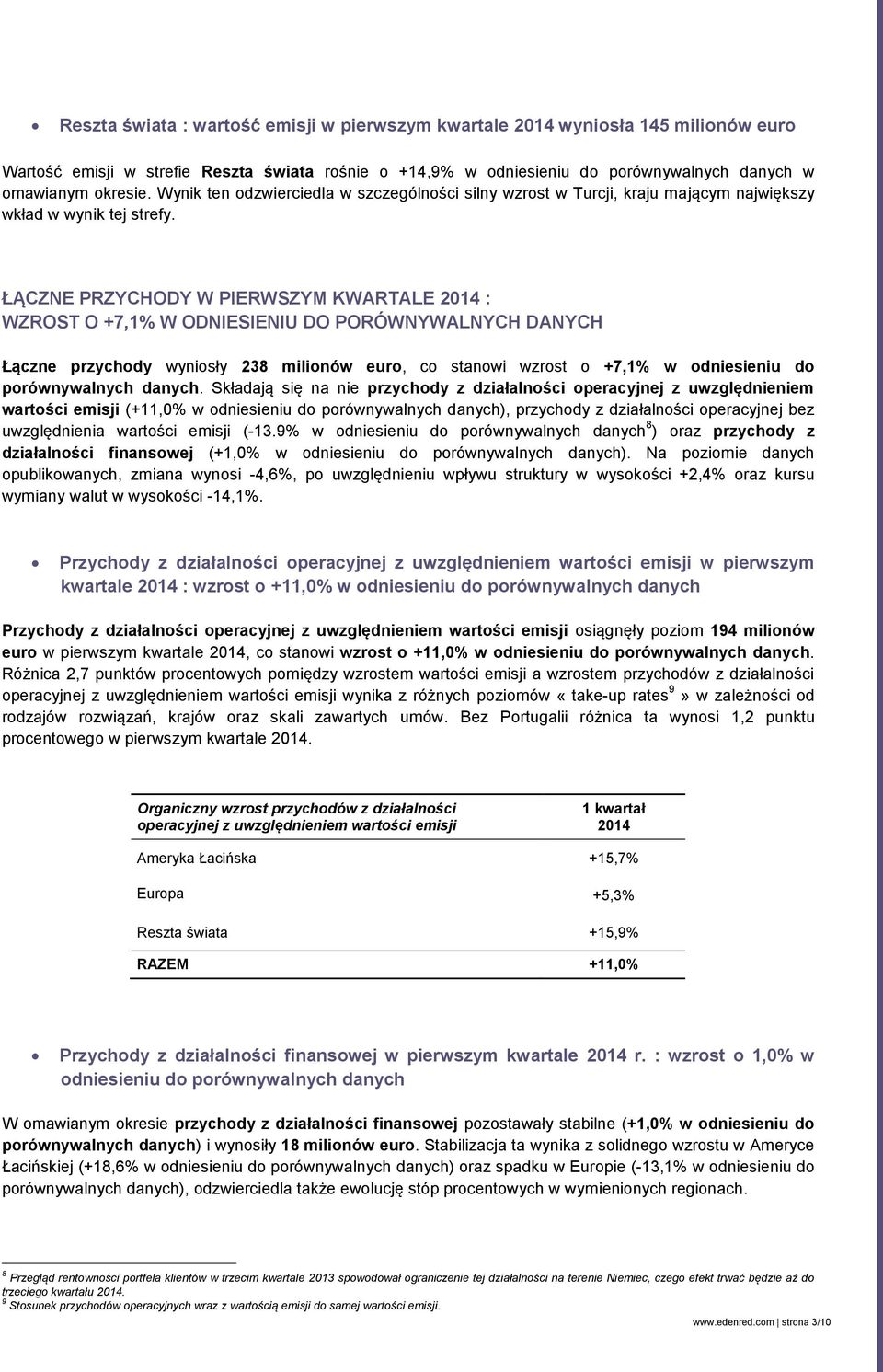 ŁĄCZNE PRZYCHODY W PIERWSZYM KWARTALE 2014 : WZROST O +7,1% W ODNIESIENIU DO PORÓWNYWALNYCH DANYCH Łączne przychody wyniosły 238 milionów euro, co stanowi wzrost o +7,1% w odniesieniu do