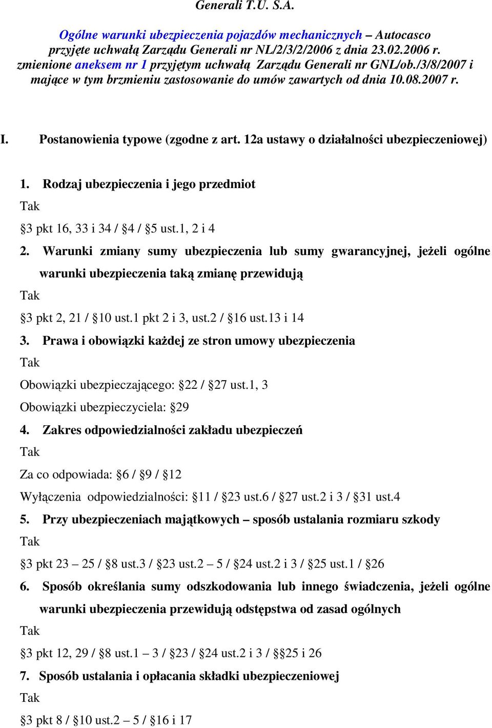 Postanowienia typowe (zgodne z art. 12a ustawy o działalności ubezpieczeniowej) 1. Rodzaj ubezpieczenia i jego przedmiot 3 pkt 16, 33 i 34 / 4 / 5 ust.1, 2 i 4 2.