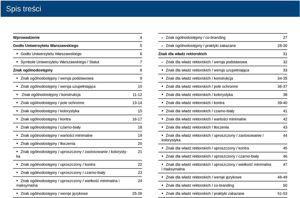 kontra 16-17 Znak ogólnodostępny / czarno-biały 18 Znak ogólnodostępny / wartości minimalne 19 Znak ogólnodostępny / tłoczenia 20 Znak ogólnodostępny / uproszczony / zastosowanie / kolorystyka Znak