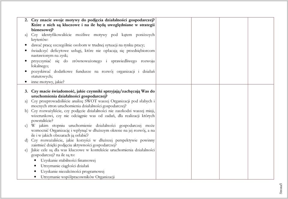 przedsiębiorcom nastawionym na zysk; przyczyniać się do zrównoważonego i sprawiedliwego rozwoju lokalnego; pozyskiwać dodatkowe fundusze na rozwój organizacji i działań statutowych; inne motywy,