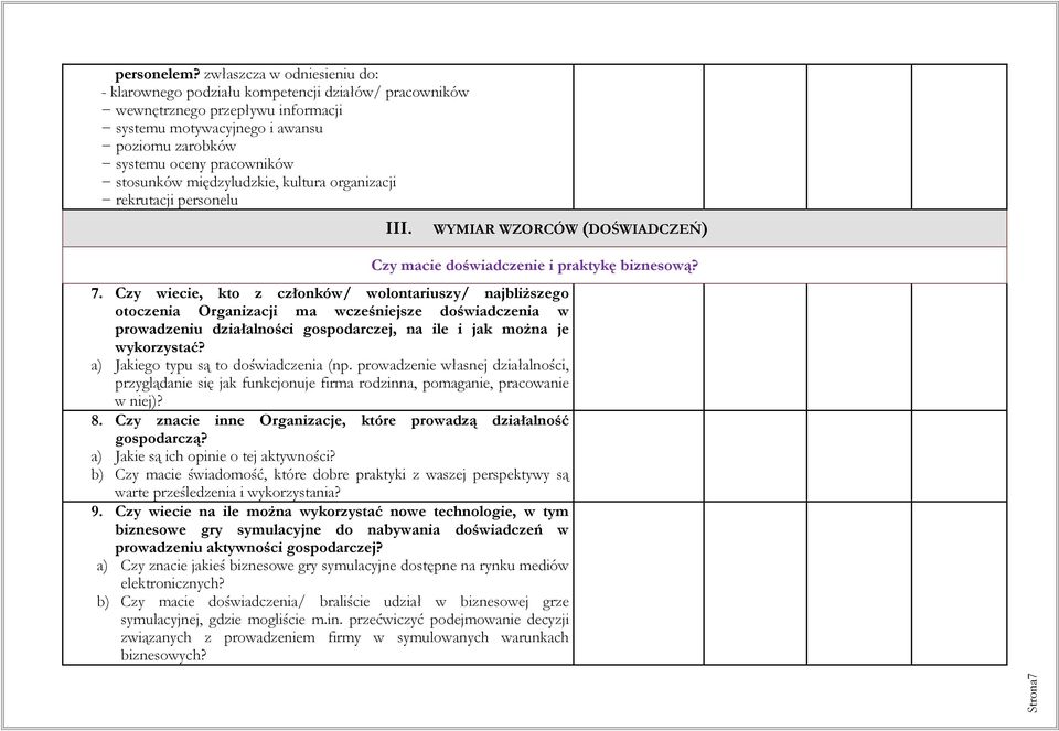 stosunków międzyludzkie, kultura organizacji rekrutacji personelu III. WYMIAR WZORCÓW (DOŚWIADCZEŃ) Czy macie doświadczenie i praktykę biznesową? 7.