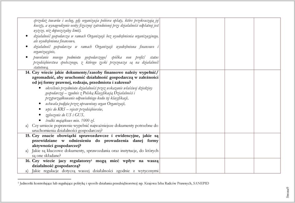 powołanie nowego podmiotu gospodarczego/ spółka non profit/ status przedsiębiorstwa społecznego, z którego zyski przeznacza są na działalność statutową. 14.