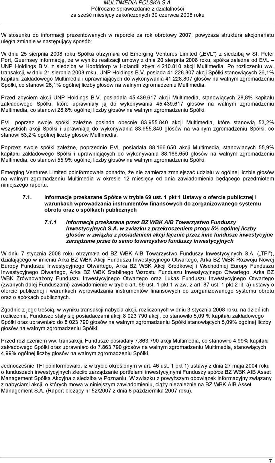 S.A. Półroczne sprawozdanie z działalności za sześć miesięcy zakończonych 30 czerwca 2008 roku W stosunku do informacji prezentowanych w raporcie za rok obrotowy 2007, powyższa struktura akcjonariatu