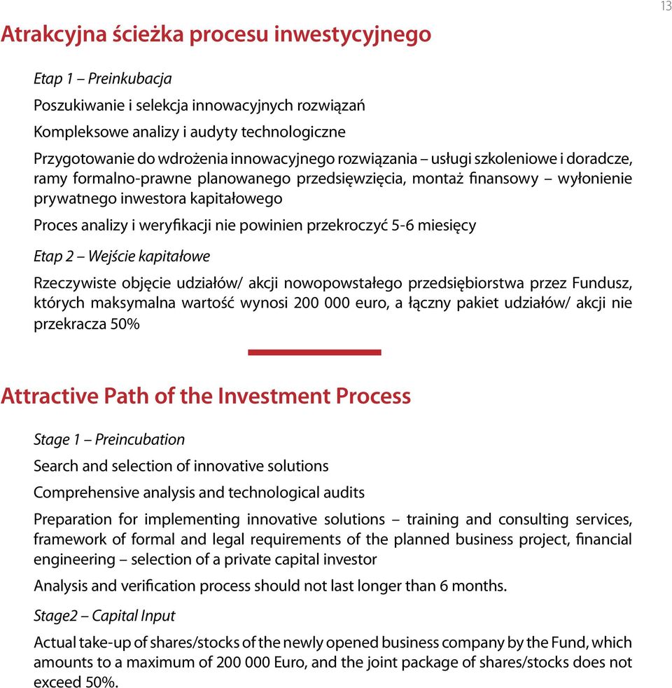 przekroczyć 5-6 miesięcy Etap 2 Wejście kapitałowe Rzeczywiste objęcie udziałów/ akcji nowopowstałego przedsiębiorstwa przez Fundusz, których maksymalna wartość wynosi 200 000 euro, a łączny pakiet