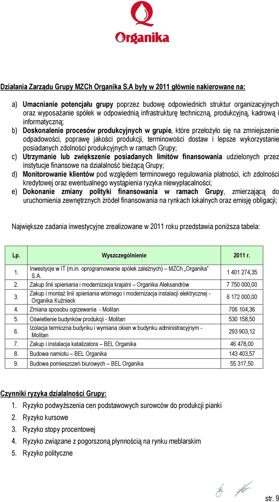 kadrową i informatyczną; b) Doskonalenie procesów produkcyjnych w grupie, które przełożyło się na zmniejszenie odpadowości, poprawę jakości produkcji, terminowości dostaw i lepsze wykorzystanie