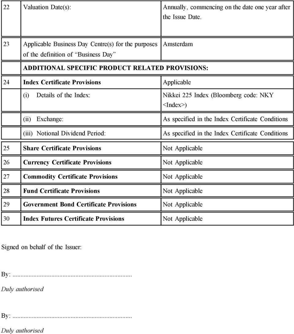 Details of the Index: Nikkei 225 Index (Bloomberg code: NKY <Index>) (ii) Exchange: As specified in the Index Certificate Conditions (iii) Notional Dividend Period: As specified in the Index
